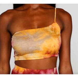 Windsor L Yellow Red Tie Dye One Shoulder Spaghetti Strap Cami Crop Top